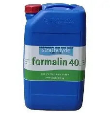 Blue container of Strathclyde Formalin 40 on a white background